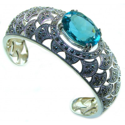New Universe Genuine 22.5 carat Aquamarine Marcasire .925 Sterling Silver handmade Bracelet Cuff