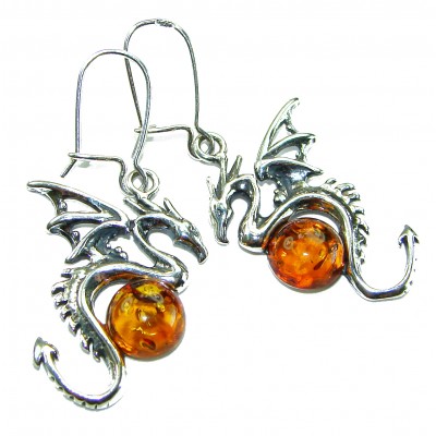 Golden DRAGONS carved Baltic Polish Amber .925 Sterling Silver earrings