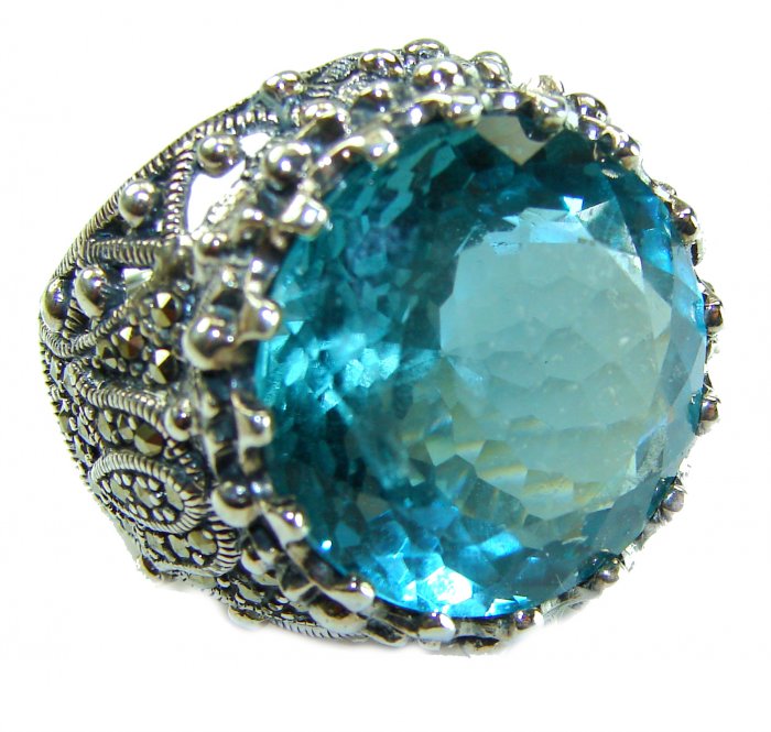 Massive Deep Blue 28.9 carat natural Aquamarine .925 Sterling Silver handcrafted Large ring size 8 - video