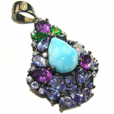 Victoria Natural 4.5 carat Larimar from Dominican Republic Tanzanite .925 Sterling Silver dipped in black rhodium handcrafted pendant