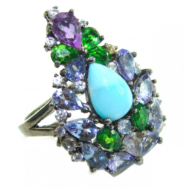 Victoria Natural 4.5 carat Larimar from Dominican Republic Tanzanite .925 Sterling Silver dipped in black rhodium handcrafted size 6 1/4