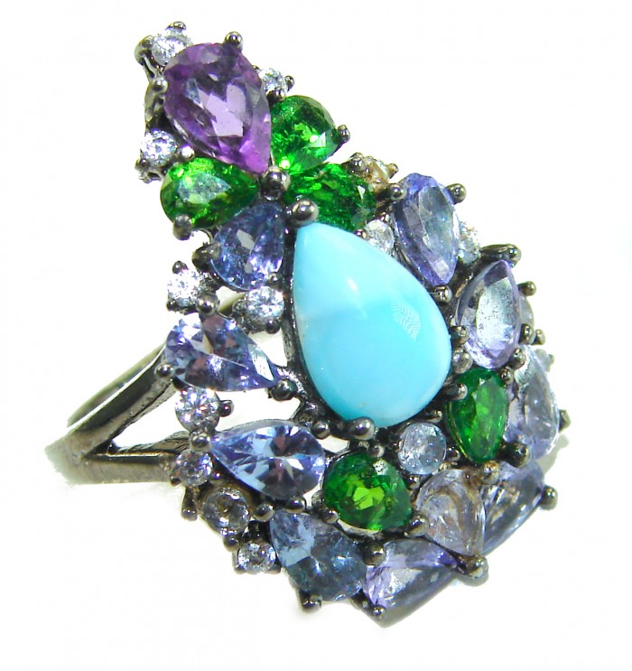 Victoria Natural 4.5 carat Larimar from Dominican Republic Tanzanite .925 Sterling Silver dipped in black rhodium handcrafted size 6 1/4