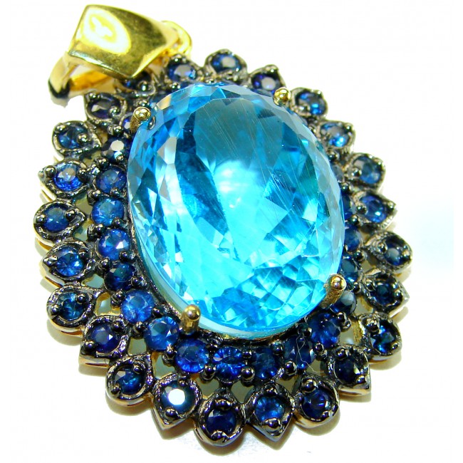 Vintage style oval cut 26.8 carat Swiss Blue Topaz .925 Sterling Silver DIPPED IN 22K Gold handmade Pendant
