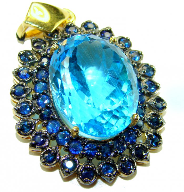 Vintage style oval cut 26.8 carat Swiss Blue Topaz .925 Sterling Silver DIPPED IN 22K Gold handmade Pendant - video