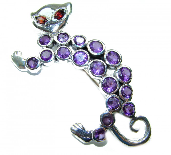 Purple Cat - 16.8 carat Natural Amethyst .925 Sterling Silver handmade Pendant Brooch