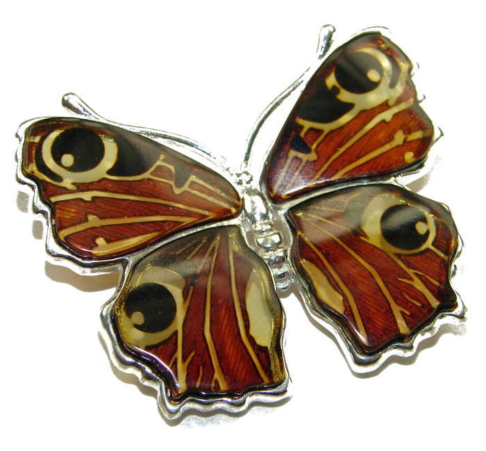 Large Golden Butterfly carved Baltic Polish Amber .925 Sterling Silver handcrafted Pendant
