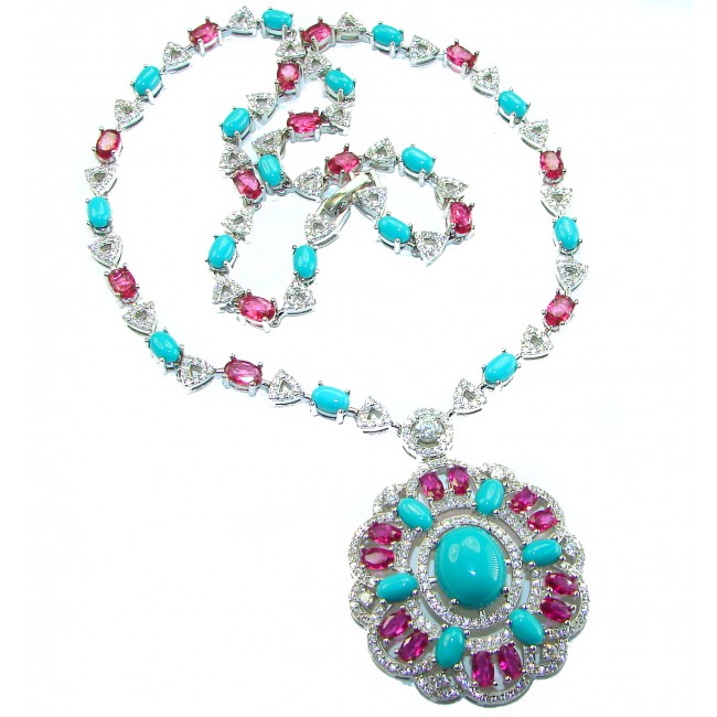 Art Deco - Pacifica - 68.4 carat Sleeping Beauty Turquoise Pink Tourmaline .925 Sterling Silver handmade Statement necklace; 18 inches long