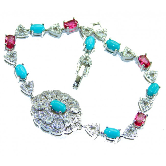 Art Deco - Pacifica - 18.4 carat Sleeping Beauty Turquoise Pink Tourmaline .925 Sterling Silver handmade Statement Bracelet