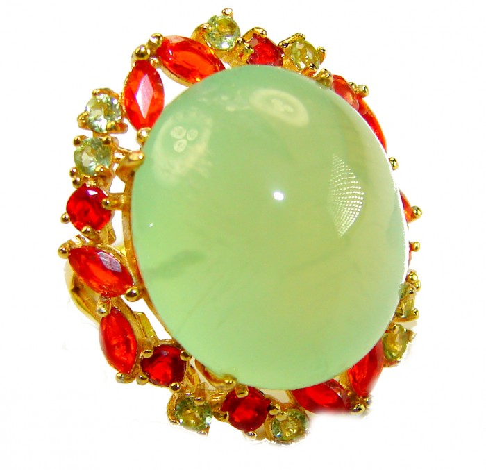 Vintage Style Best quality 27.8 carat Prehnite 18K Gold over .925 Sterling Silver handcrafted Ring Size 6