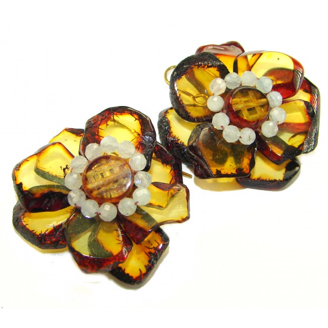 Summer Flowers Wonderful natural Baltic Amber 14K Gold over .925 Sterling Silver entirely handcrafted earrings