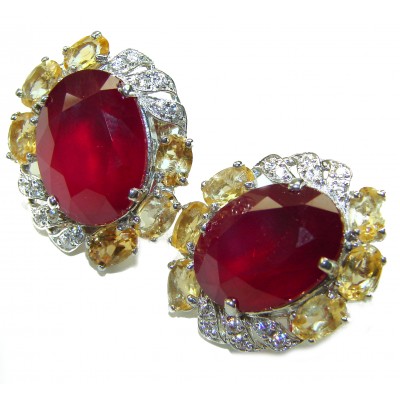 Black Lable Collection - Blooming Roses Authentic 28.9 carat Mozambique Ruby Rhodium over .925 Sterling Silver brilliantly handcrafted earrings