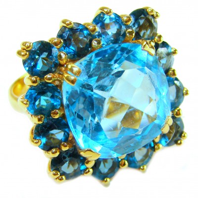 Pacifica - Authentic 20.8 carat Swiss Blue Topaz Sapphire 22K Gold over .925 Sterling Silver handcrafted Large Statement ring size 6 3/4