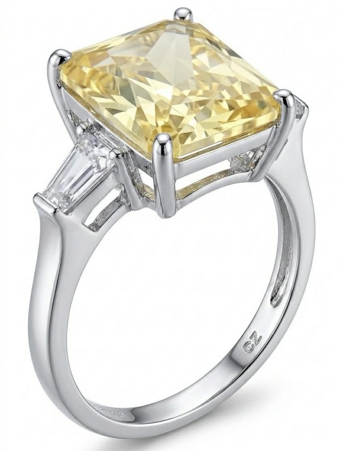 Splendid emerald cut 10.2 carat yellow Sapphire .925 Sterling Silver brilliantly handcrafted ring s. 6 1/4