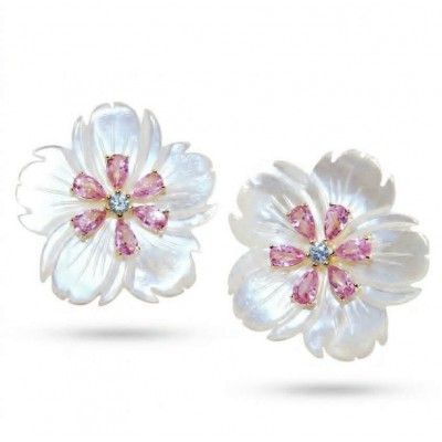 Genuine Blister Pearl lab grown Diamond 18K Gold over .925 Sterling Silver handcrafted Statement Earrings