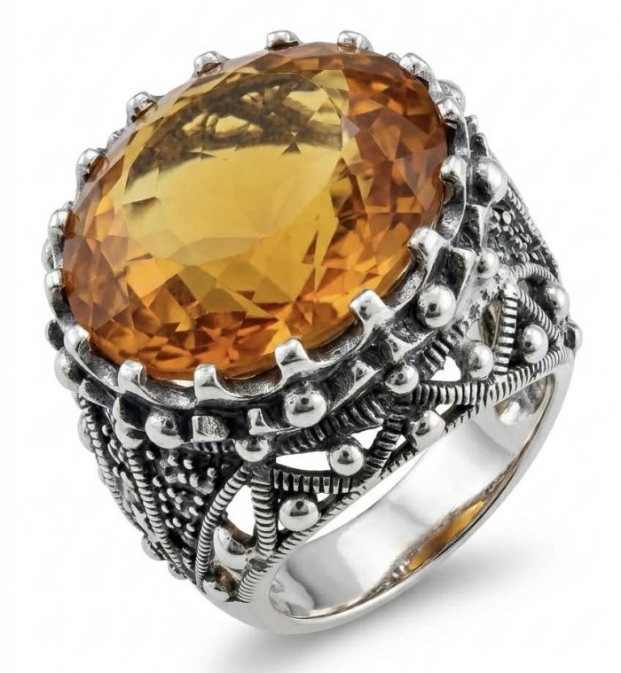 Serenity Natural 38.4 carat GOLDEN Topaz Marcasite .925 Sterling Silver handmade Large Statement Ring size 8