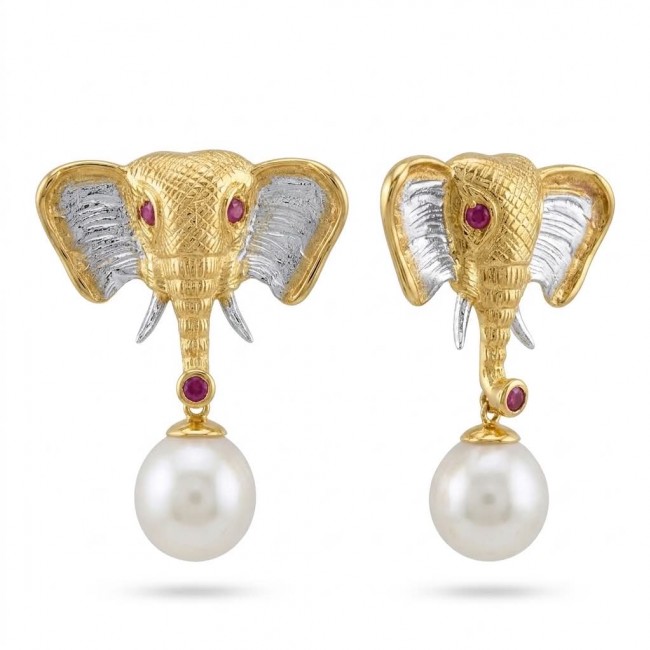 Elephant Authentic Ruby Pearl 2 tones .925 Sterling Silver handcrafted earrings