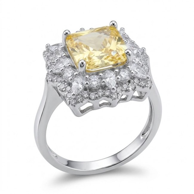 Splendid cushion cut 4.2 carat yellow Sapphire .925 Sterling Silver brilliantly handcrafted ring s. 7 1/2