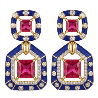 Art deco Magnificent Jewel 6.4 carat Ruby blue enamel .925 Sterling Silver dipped in 18K Gold handcrafted incredible earrings