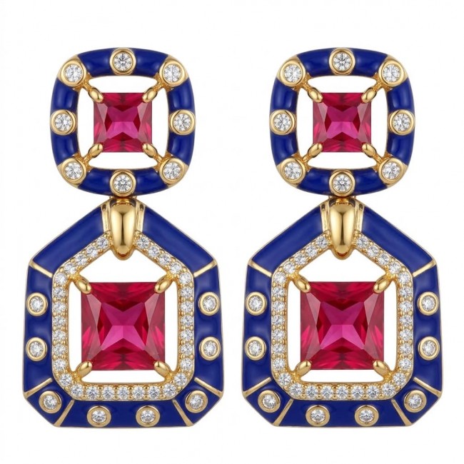 Art deco Magnificent Jewel 6.4 carat Ruby blue enamel .925 Sterling Silver dipped in 18K Gold handcrafted incredible earrings