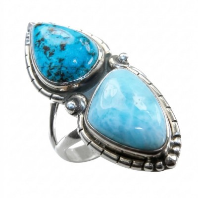 Duo Perfection Blue Larimar Turquoise .925 Sterling Silver handmade Large ring size 8