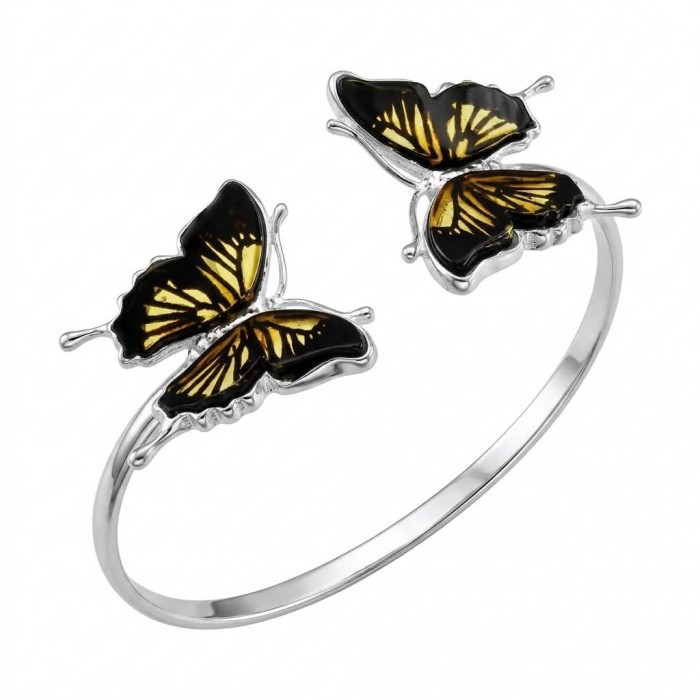 Golden Butterfly Genuine carved Baltic Amber .925 Sterling Silver handamde Bracelet