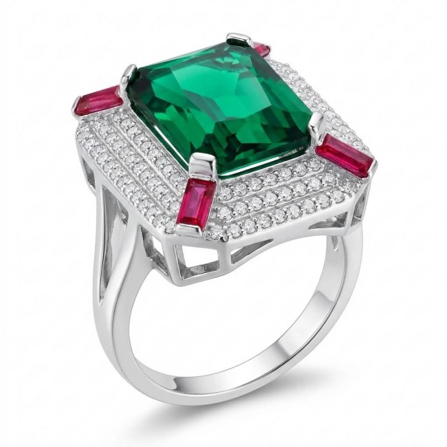 Art Deco 10.5 ctw Emerald Ruby .925 Sterling Silver handcrafted Statement Ring size 7 3/4