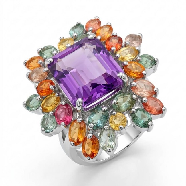 Anastasia 20.2 carat Amethyst multicolor Sapphire .925 Sterling Silver Handcrafted Statement Ring size 7