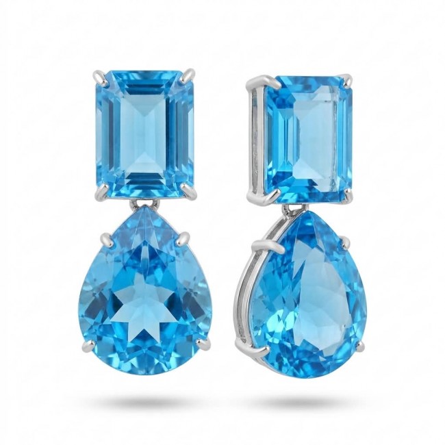 Atlantica 48.7 carat Swiss Blue Topaz rhodium over .925 Sterling Silver Handcrafted Statement earrings