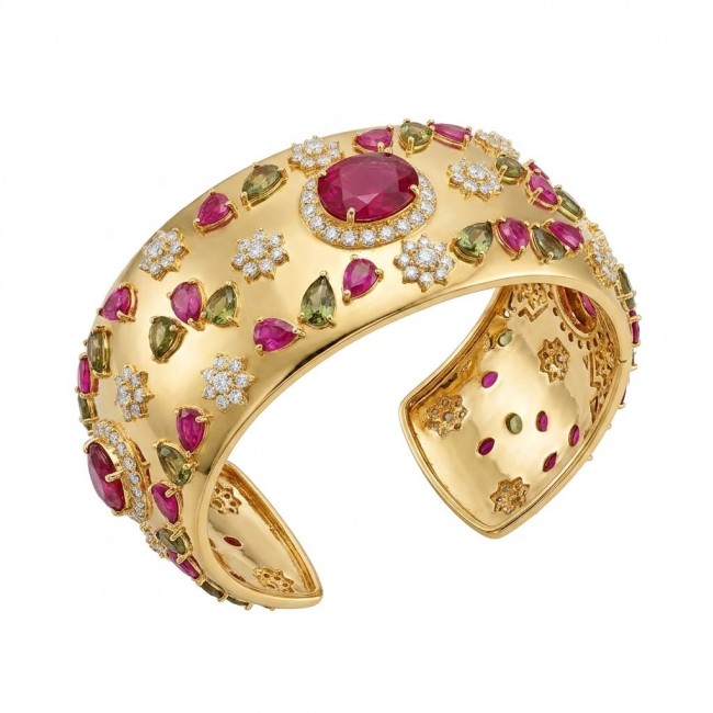 Byzantine design Authentic Ruby 12.2 carat 18K Gold over .925 Sterling Silver handcrafted Bracelet / Cuff