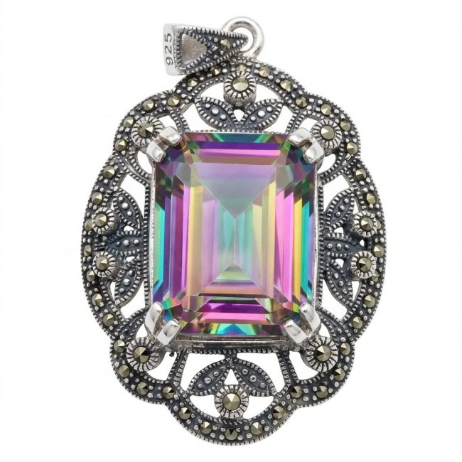 Spectacular 14.2 cut Mystic Topaz Marcasite .925 Sterling Silver handcrafted Pendant