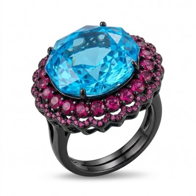Stella Authentic 24.4 carat Blue Topaz Black rhodium over .925 Sterling Silver Handcrafted Ring size 7 adjustable