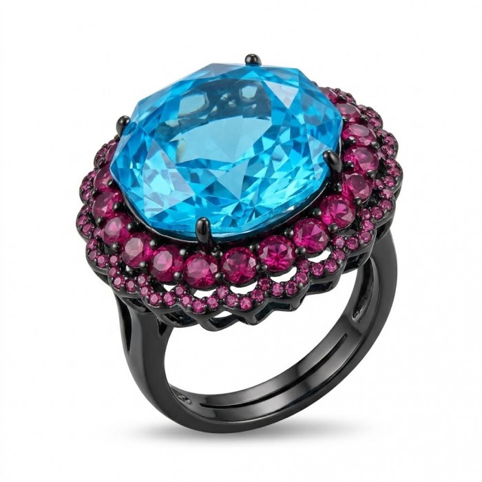 Stella Authentic 24.4 carat Blue Topaz Black rhodium over .925 Sterling Silver Handcrafted Ring size 7 adjustable