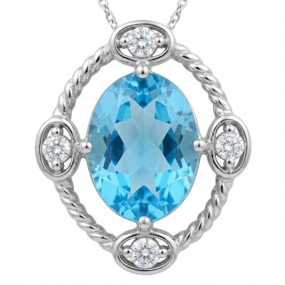 Atlantica oval cut 9.9 carat Swiss Blue Topaz rhodium ver .925 Sterling Silver Handcrafted Pendant