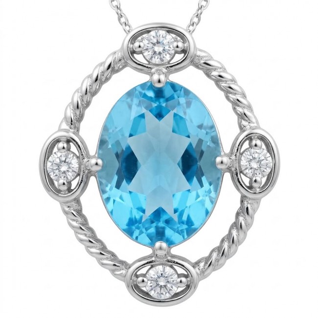 Atlantica oval cut 9.9 carat Swiss Blue Topaz rhodium ver .925 Sterling Silver Handcrafted Pendant