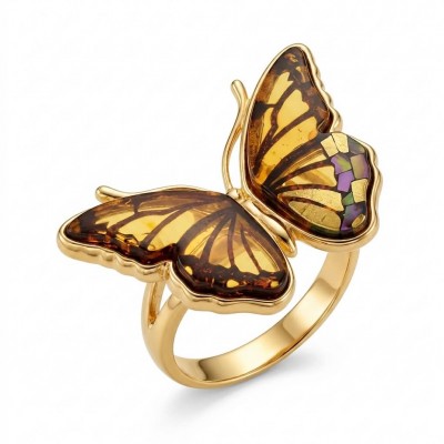 Butterfly Authentic Baltic Amber .925 Sterling Silver dipped in 18K Gold handcrafted ring; s. 6 adjustable