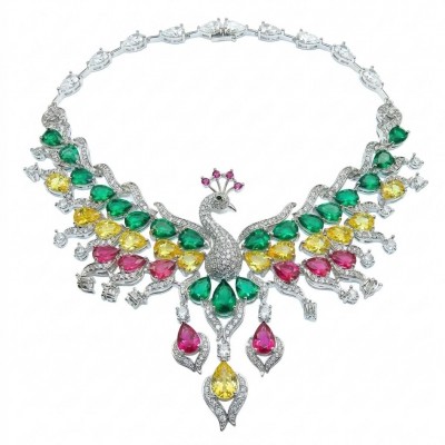 55.2 carat Graceful Swan Natural multicolot Topaz .925 Sterling Silver handcrafted Statement necklace