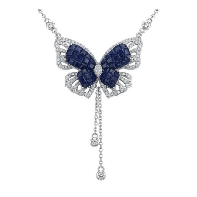 Blue Butterfly 15.2 carat natural Sapphire .925 Sterling Silver handcrafted Necklace