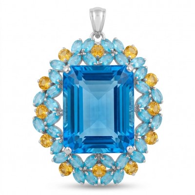 Majestic - Vintage style oval cut 46.8 carat Swiss Blue Topaz .925 Sterling Silver DIPPED IN RHODIUM handmade Pendant Brooch