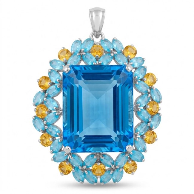 Majestic - Vintage style oval cut 46.8 carat Swiss Blue Topaz .925 Sterling Silver DIPPED IN RHODIUM handmade Pendant Brooch