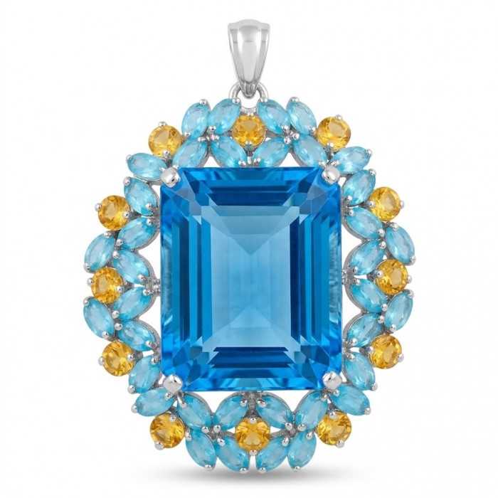 Majestic - Vintage style oval cut 46.8 carat Swiss Blue Topaz .925 Sterling Silver DIPPED IN RHODIUM handmade Pendant Brooch