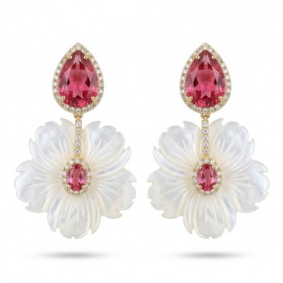 Summer Flowers Blister Pearl Red Topaz 14K Gold over .925 Sterling Silver handcrafted Earrings