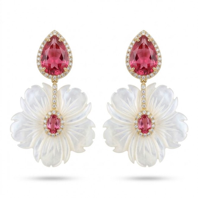 Summer Flowers Blister Pearl Red Topaz 14K Gold over .925 Sterling Silver handcrafted Earrings