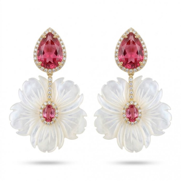 Summer Flowers Blister Pearl Red Topaz 14K Gold over .925 Sterling Silver handcrafted Earrings