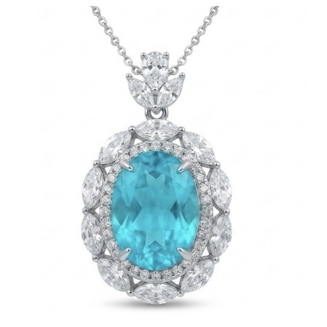 Wonderland 15.8 carat classic oval cut Paraiba Tourmaline .925 Sterling Silver Handcrafted Statement necklace