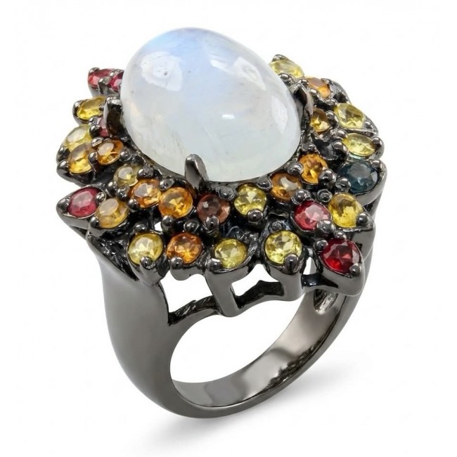 Best quality Genuine Fire Moonstone Sapphire black rhodium over .925 Sterling Silver handcrafted ring size 8 1/4