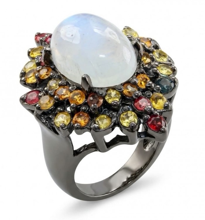 Best quality Genuine Fire Moonstone Sapphire black rhodium over .925 Sterling Silver handcrafted ring size 8 1/4