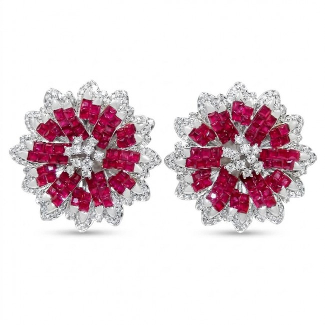 Bella Rosa Genuine 22.8 carat Ruby .925 Sterling Silver dipped in rhodium Statement brilliantly handcrafted earrings