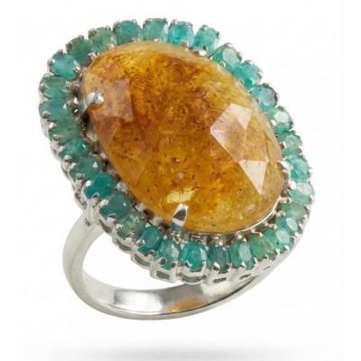 Massive Solid 35.8 carat Genuine Yellow Sapphire Colombian Emerald .925 Sterling Silver handcrafted ring size 7 3/4