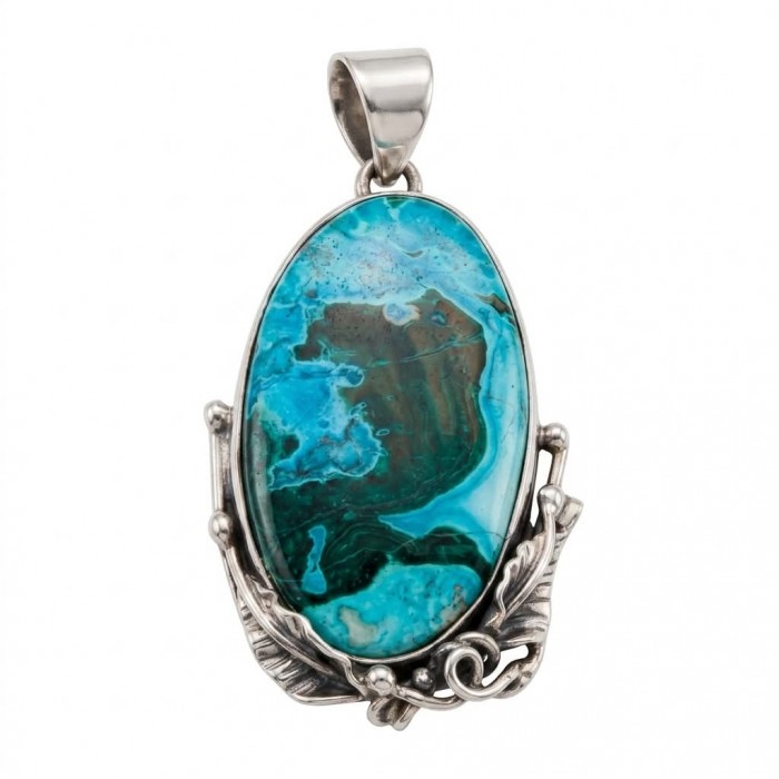 Colors of the Earth Authentic Chrysocolla .925 Sterling Silver handcrafted Large Pendant
