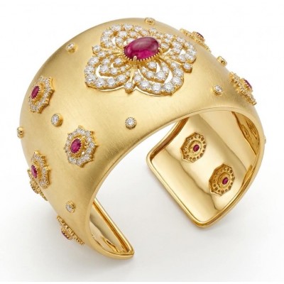 Byzantine design Authentic Ruby 10.2 carat 18K Gold over .925 Sterling Silver handcrafted Bracelet / Cuff